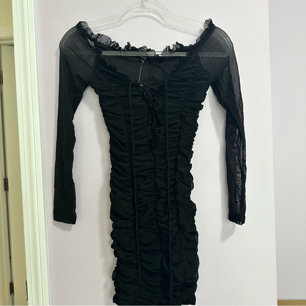 Long sleeve mini mesh corset tie up dress